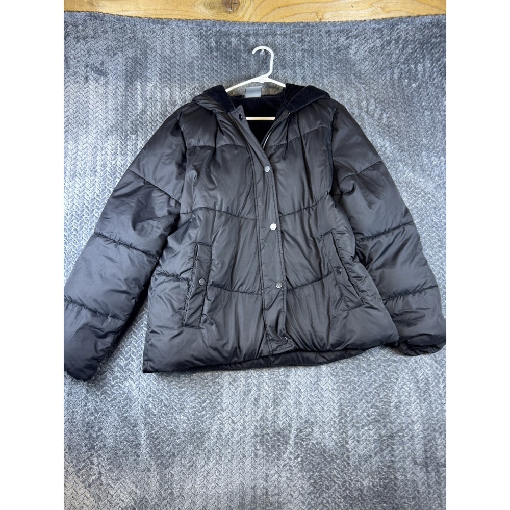 32 Degrees Heat Puffer Jacket Womens Medium Black Faux Fur Lined Full Zip Hooded